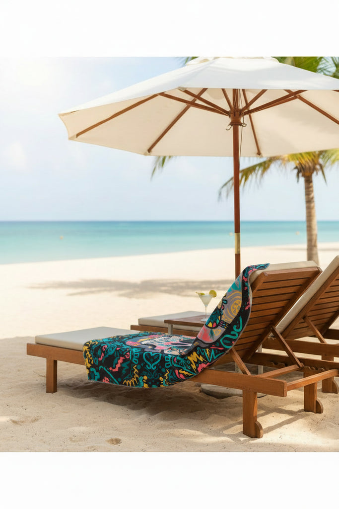Colorful skull designbeach towel with intricate patterns on a white background