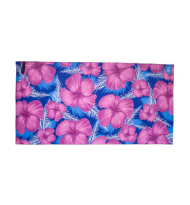 Microfiber Beach Towel with pink floral pattern on a blue background