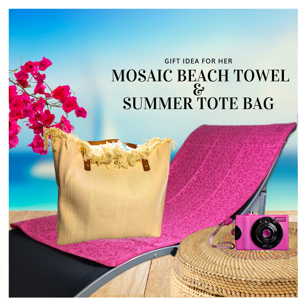 Conjunto Toalla de Playa Mosaico Rosa y Bolso Tote Verano